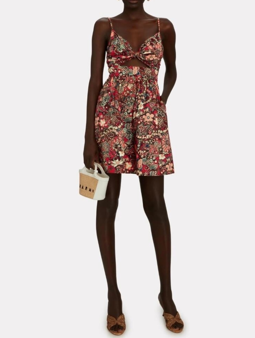 💘 A.L.C. Dani Floral Cotton Mini Dress in Sangria Multi Tie Front Cutout - Picture 3 of 14